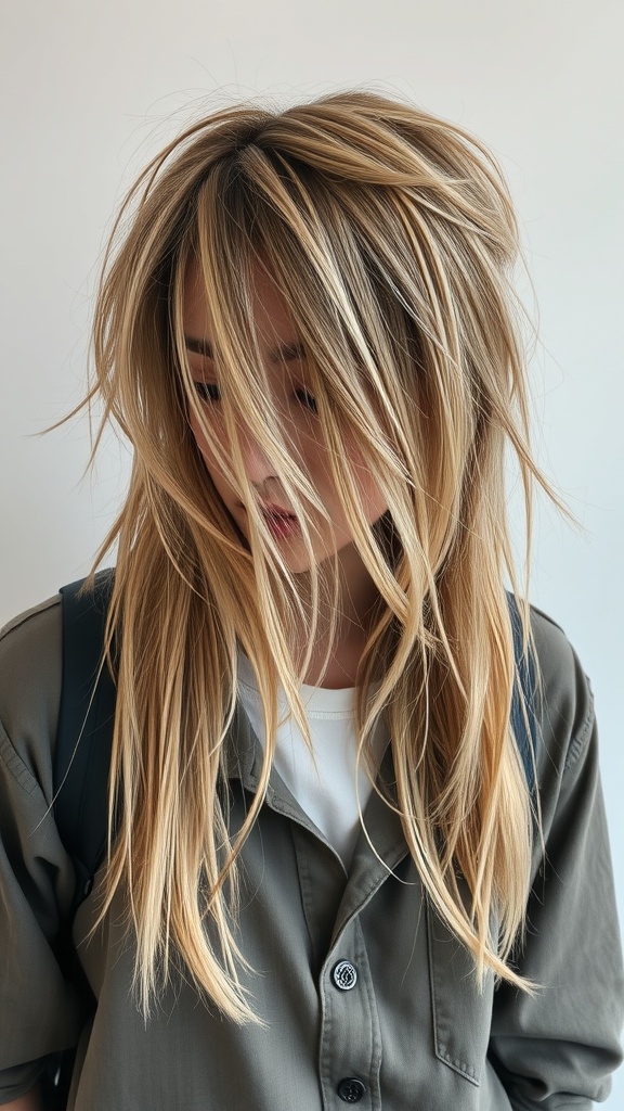 A person with long, tousled hair featuring mismatched lengths, embodying a grunge hairstyle.