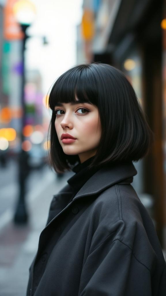 A modern interpretation of the Hime haircut featuring a model with a sleek bob and straight bangs.