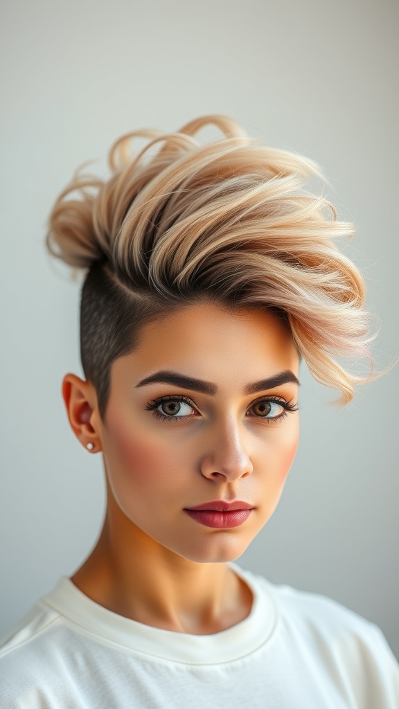 A modern mohawk hairstyle featuring soft curls on top and shaved sides.