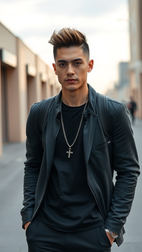 A young man with a modern tapered haircut, wearing a black jacket and a cross necklace, standing outdoors.