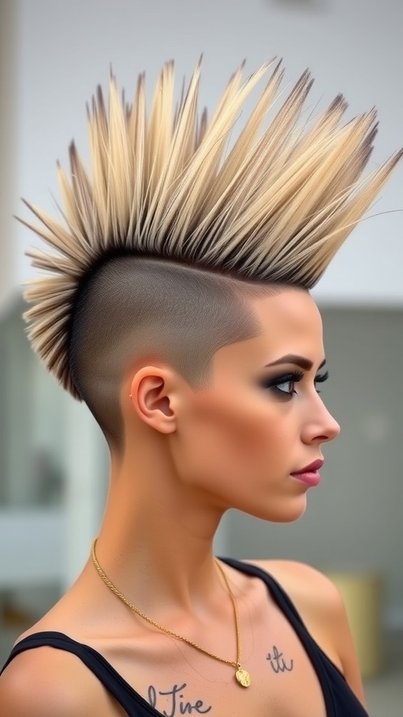 A woman with a Mohawk hairstyle featuring shaved sides, showcasing long, spiked hair.