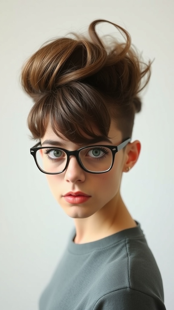 A person with a unique mop top hairstyle featuring a bun on top and flowing hair around the face.