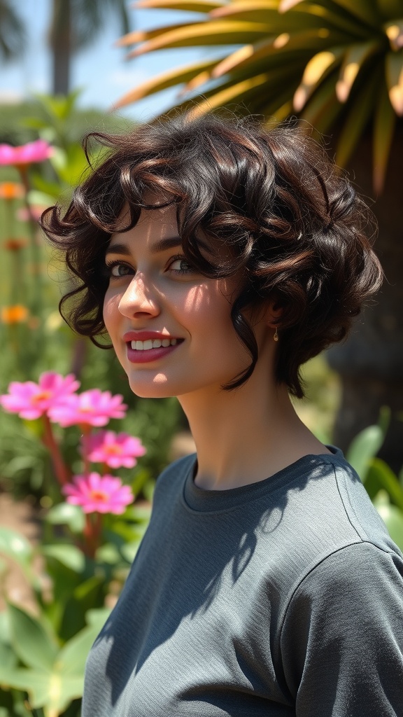 A woman with short shaggy hair and natural curls, smiling in a garden setting with flowers.