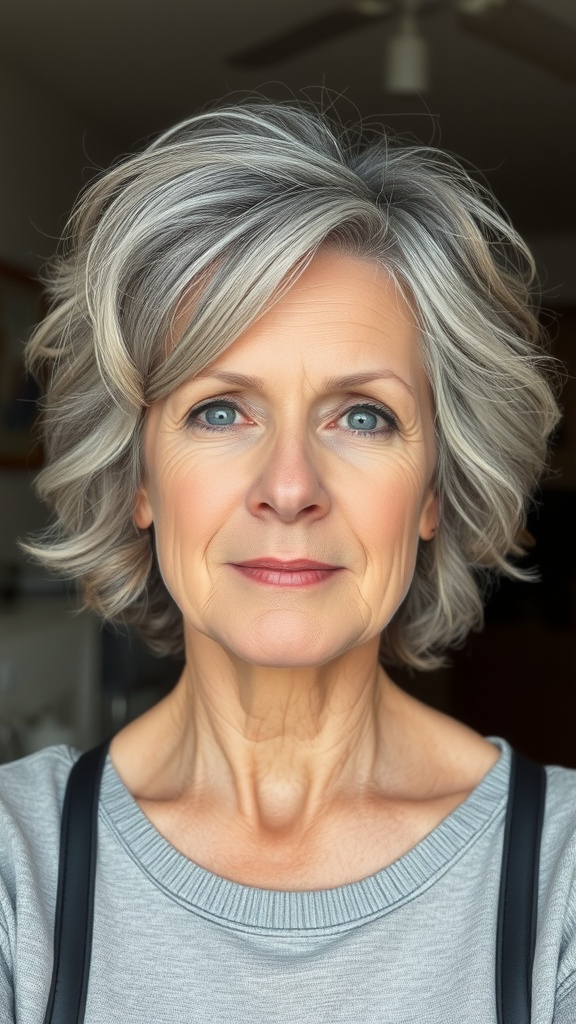 A woman with natural gray waves, showcasing a stylish hairstyle for women over 60.
