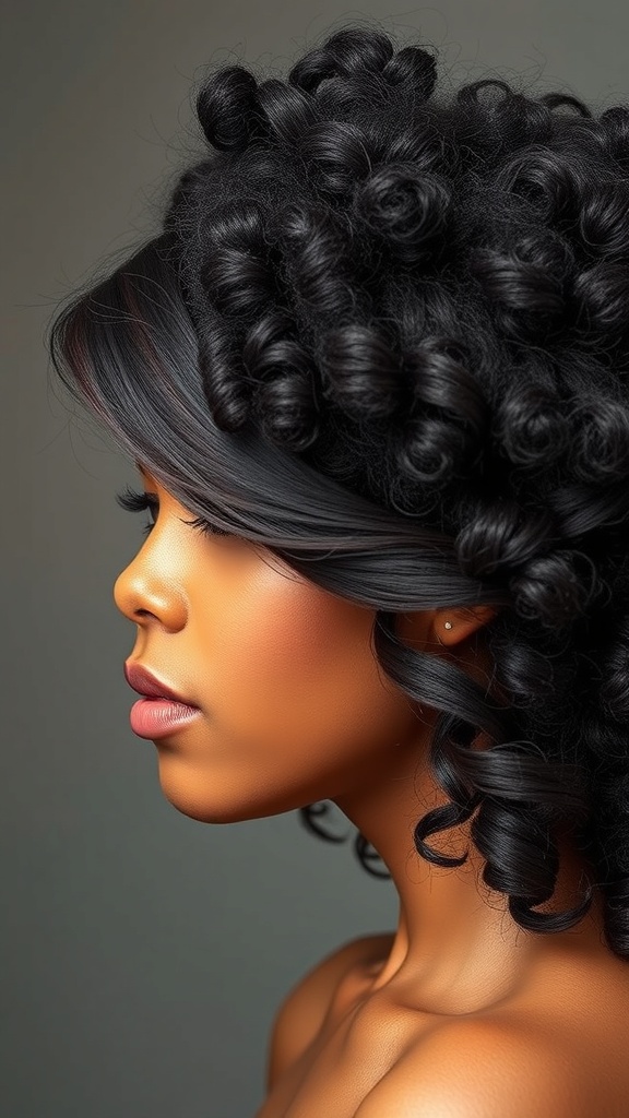 A profile view of a woman with natural curly hair styled with a side part.