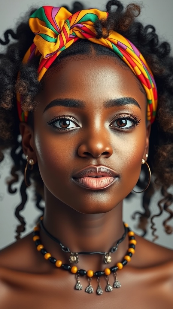A woman with natural curls wearing a colorful headband and a chunky necklace, showcasing her natural beauty.