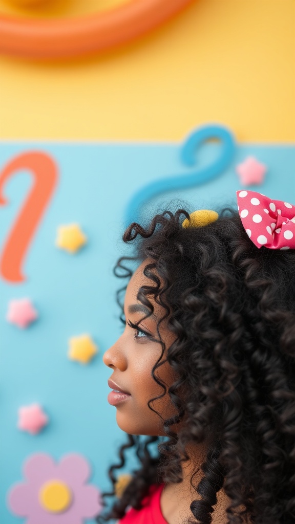 A young woman with curly hair wearing a polka dot bow, set against a colorful background.