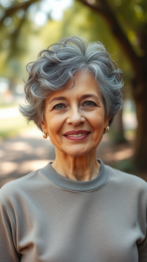 A woman with short, textured gray hair smiling outdoors.