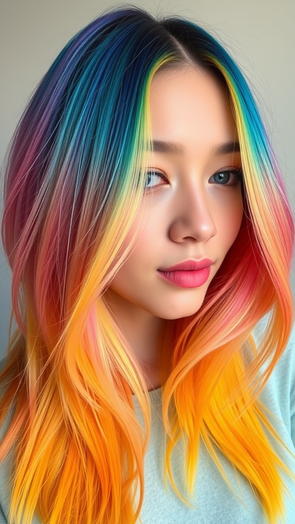 Vibrant rainbow ombre hairstyle with pink, blue, and yellow hues.