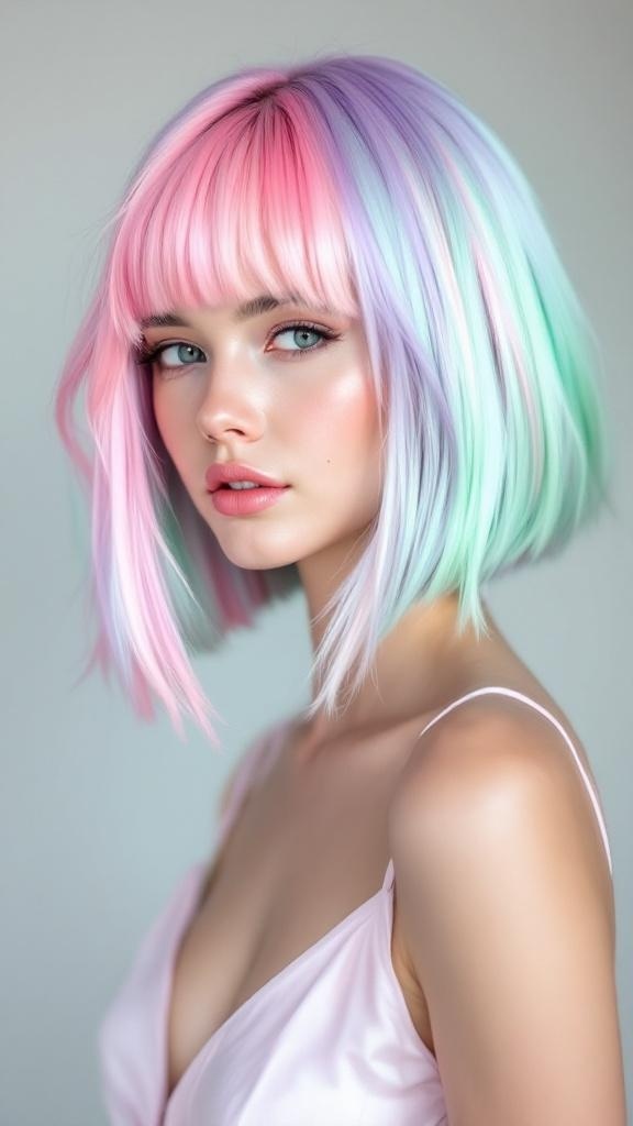 A young woman with pastel calico hair in shades of pink, lavender, and mint green, styled in a bob cut.