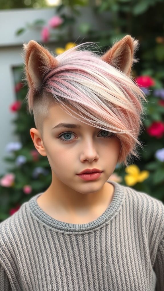 A person with a pastel wolf cut hairstyle featuring pink and blue hues, complemented by playful ear accessories.