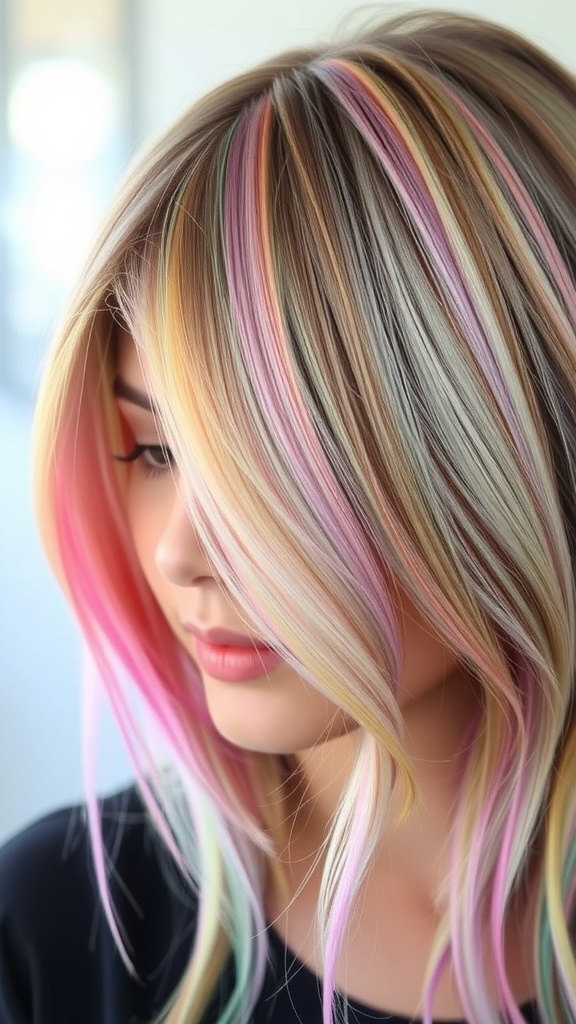 A woman with pastel rainbow highlights in her hair, styled in a sleek manner with a top knot.