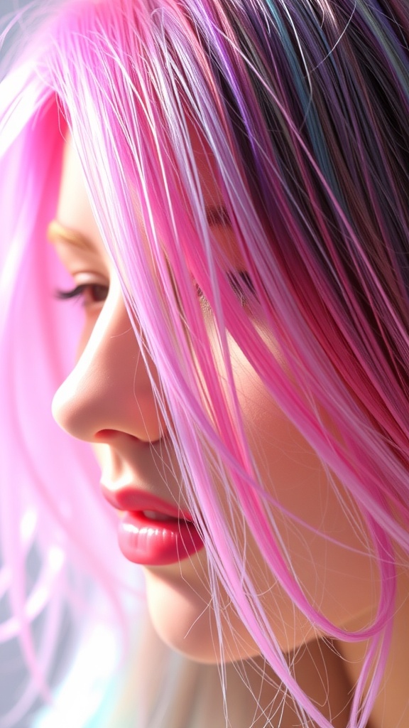 Hair with pastel rainbow highlights in shades of pink, lavender, and peach.
