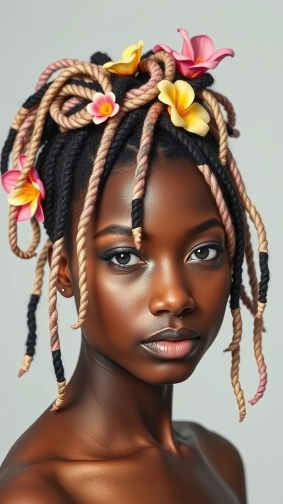 A person with pastel rainbow locs styled with flowers.