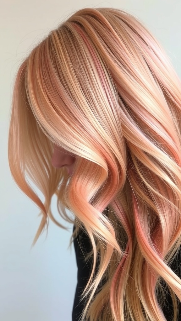 A hairstyle featuring peach and coral streaks in soft curls.