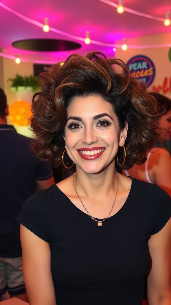 A woman with voluminous, curly hair styled in a 90s perm.