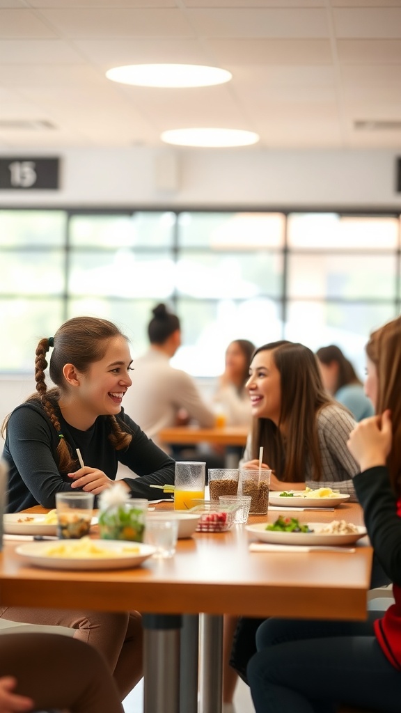 A girl with pigtail braids smiling at lunch with friends in a school cafeteria.