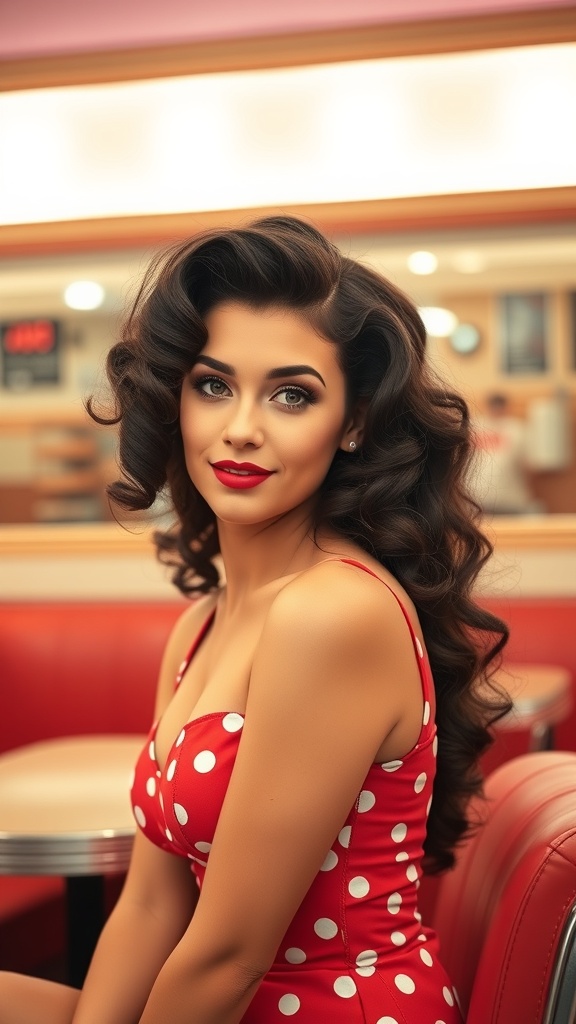 A woman with pin-up inspired curls wearing a red polka dot dress, showcasing a vintage hairstyle.