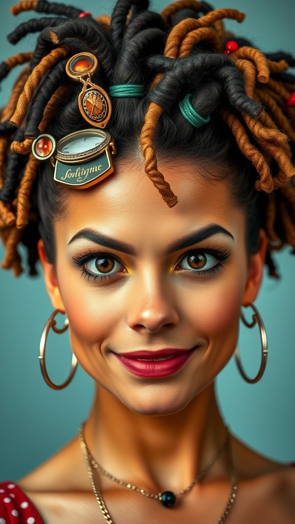 A woman with dyed locs styled in a pin-up fashion, featuring colorful accessories and a bright smile.