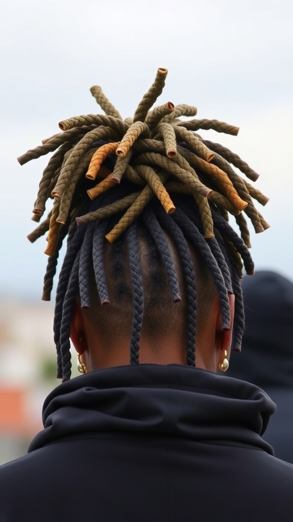 A person with pineapple locs styled in a playful and colorful manner.