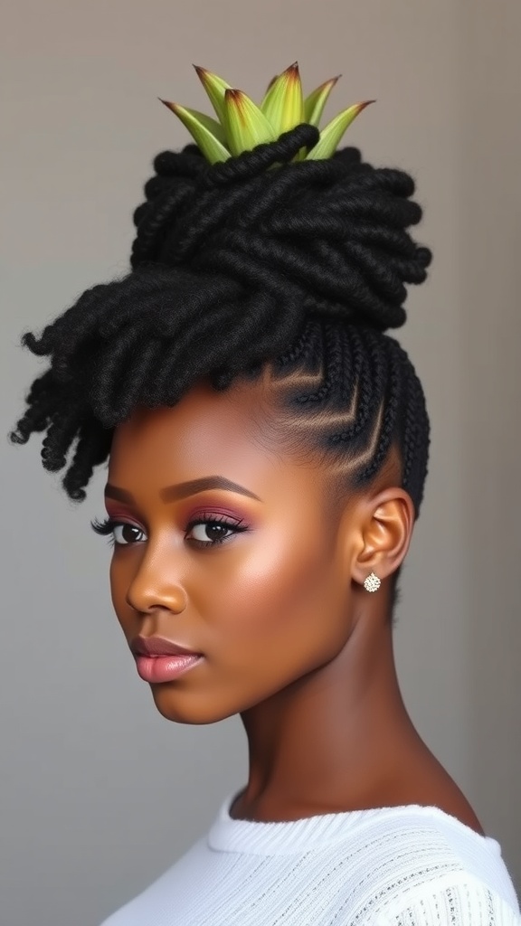A woman with a pineapple updo hairstyle showcasing natural curls, featuring green leaves on top.