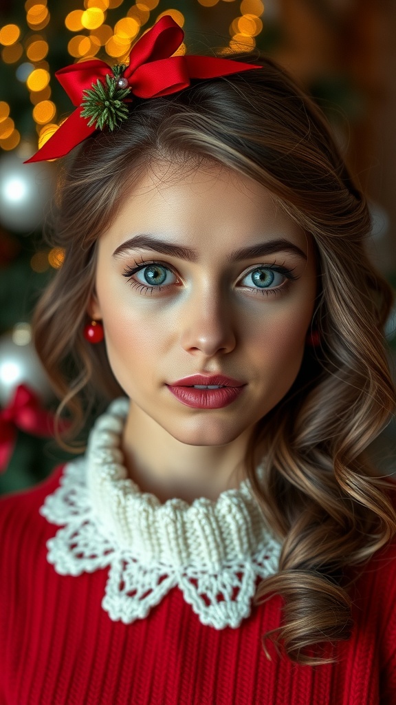 A woman with a pineapple updo hairstyle adorned with cranberries, wearing a plaid sweater.