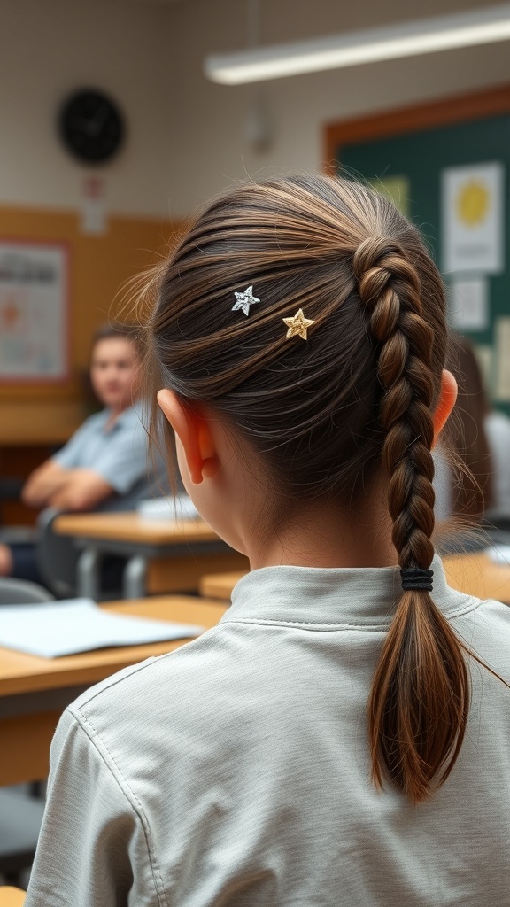 A girl with a braided hairstyle, featuring star-shaped clips, sitting in a classroom.
