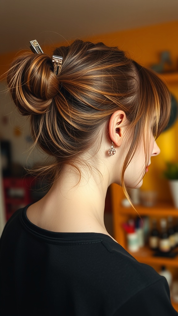 A woman with her hair pinned back in a bun using decorative clips, showcasing a stylish solution for greasy hair.
