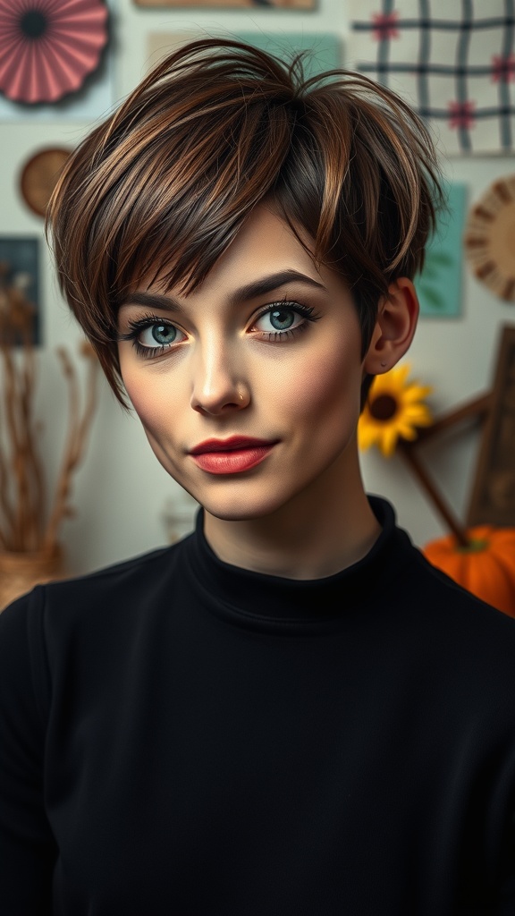 A woman with a Pixie Bob hybrid hairstyle, featuring short sides and longer top layers, styled with soft waves.