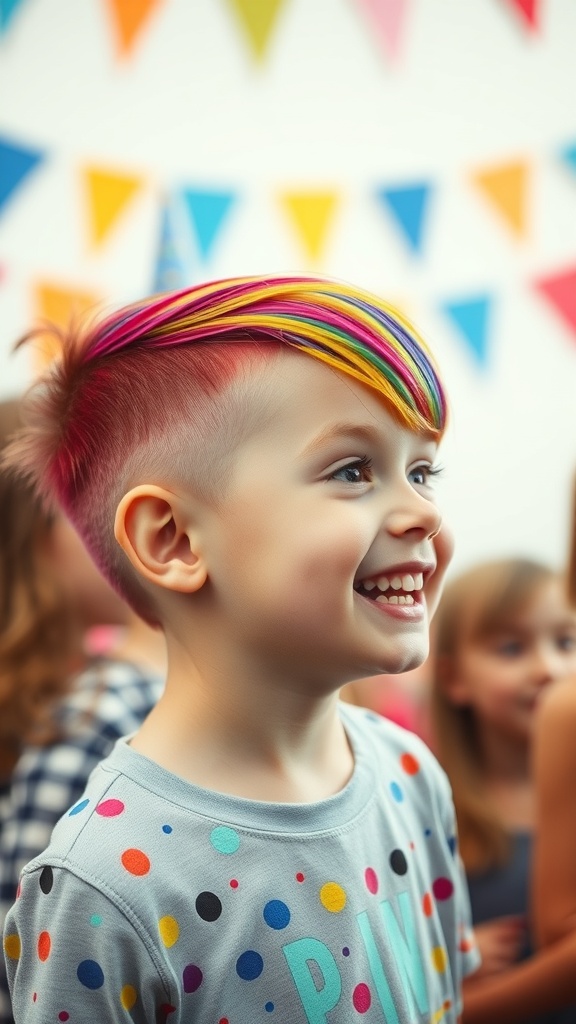 A child with a colorful pixie cut smiling at a birthday party