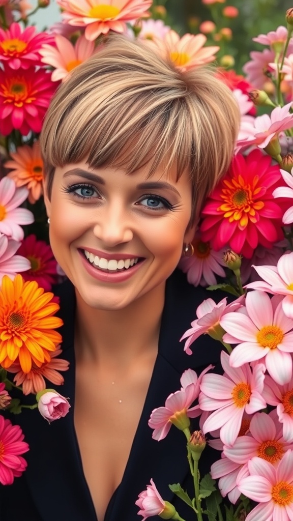 A woman with a pixie haircut and bangs smiling among colorful flowers.