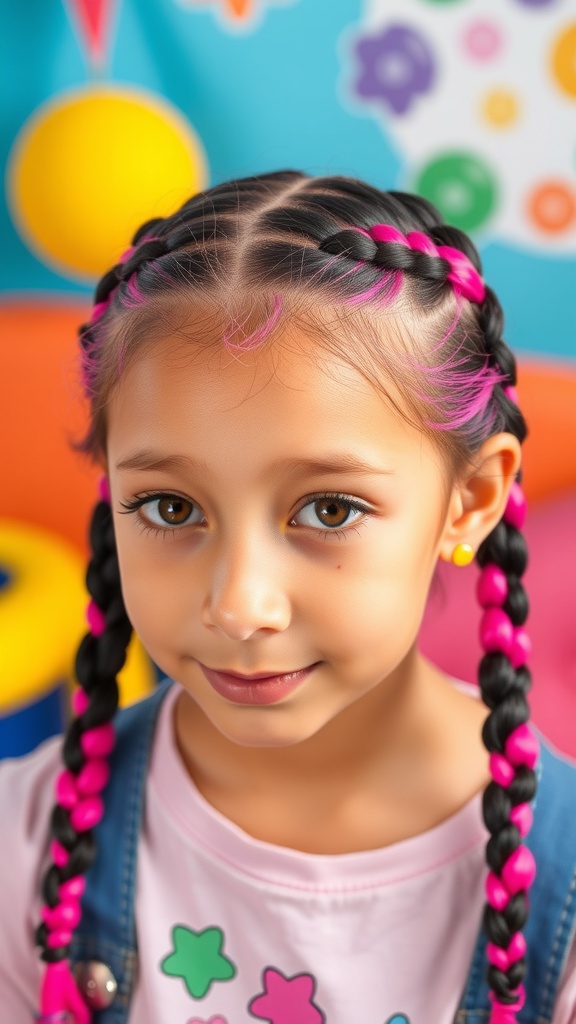 A young girl with two playful baby braids, featuring black hair with bright pink highlights, smiling in a colorful background.