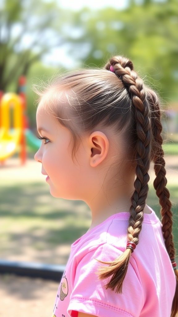 A young girl with braided ponytails, wearing a pink shirt, playing outdoors.