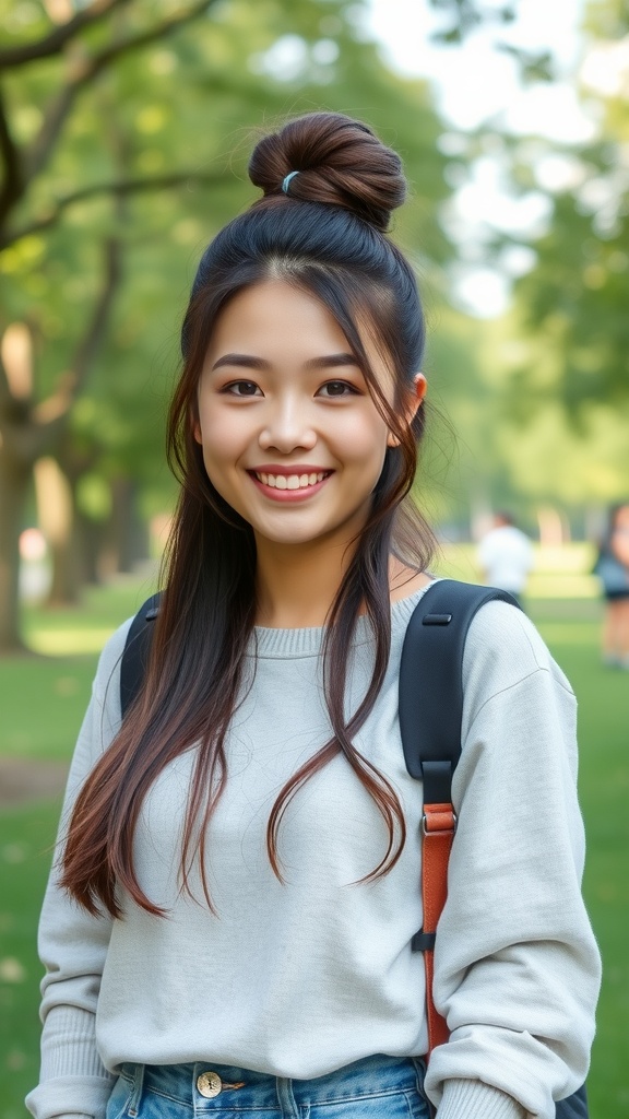 A young woman with a playful half-up bun hairstyle, smiling in a park setting.