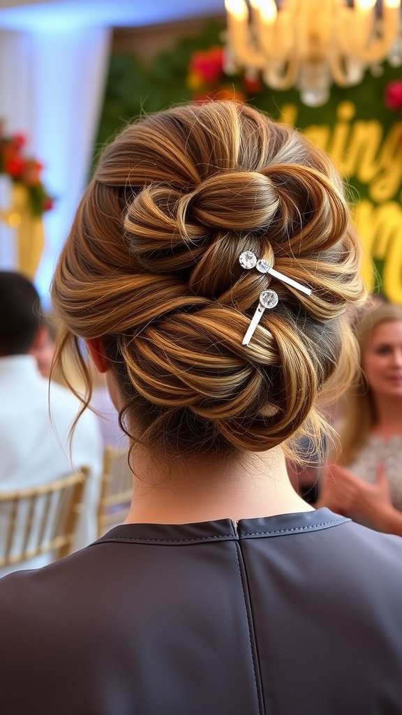 A playful messy bun hairstyle with hairpins, showcasing a relaxed yet elegant look.