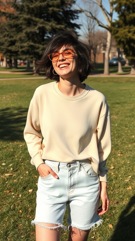 A woman with short shaggy hair smiling in a park, wearing a light sweater and denim shorts.