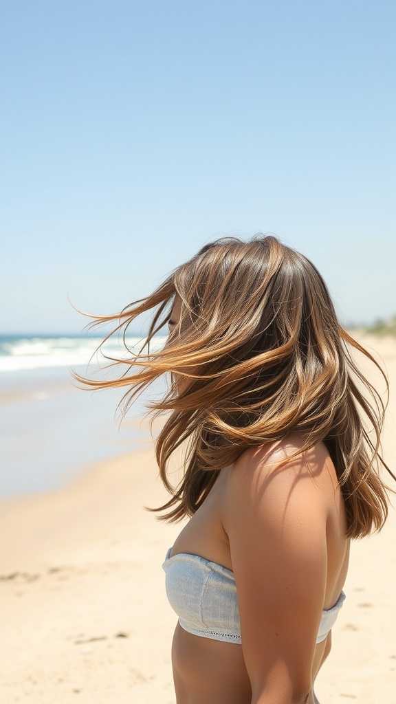 A woman with shaggy layered hair blowing in the wind at the beach.