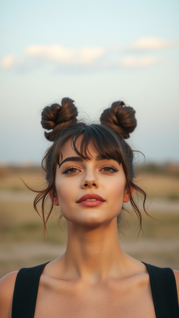 A woman with playful space buns hairstyle, smiling at the camera.