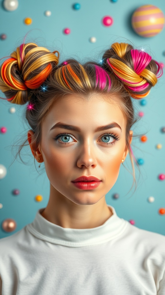 A young woman with playful space buns featuring colorful highlights, set against a pastel background with decorative elements.