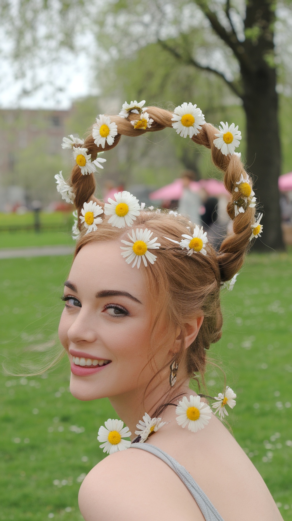 A young woman with a twisted halo hairstyle decorated with daisies, smiling in a park.