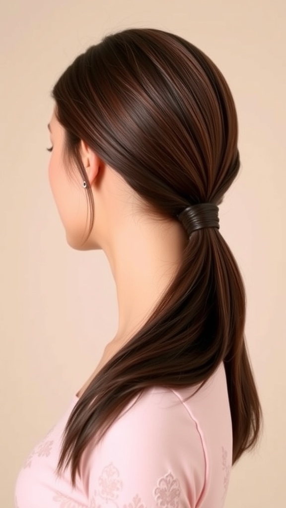 A polished low ponytail hairstyle, showcasing smooth, shiny hair tied back with a simple band.