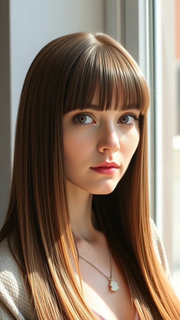 A person with long, straight hair and bangs, looking polished and elegant