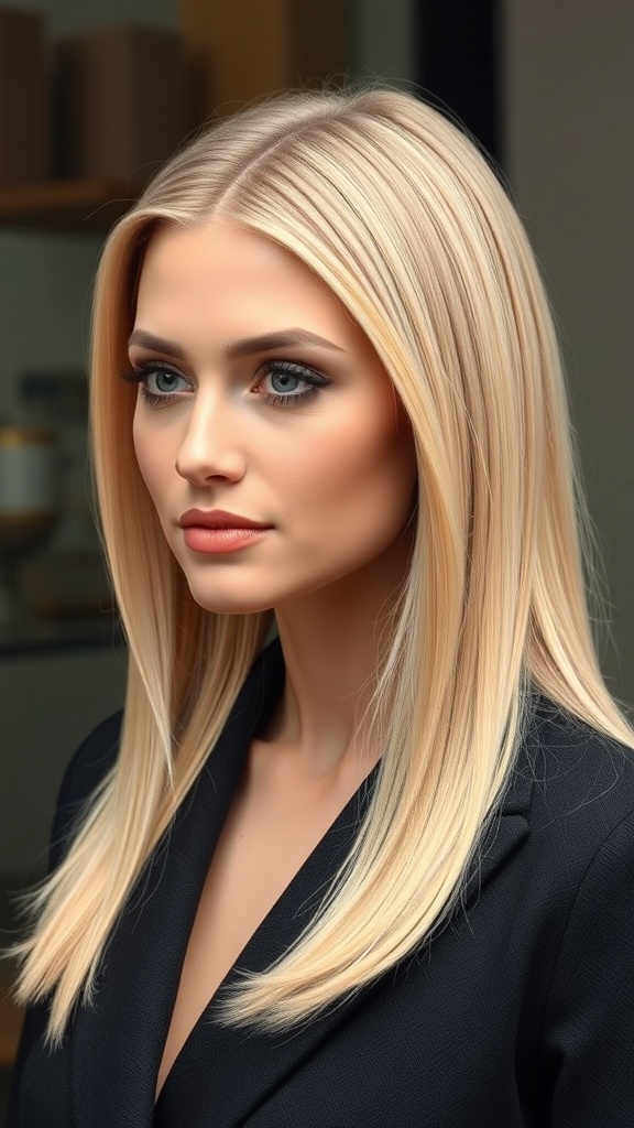 A woman with polished straight blonde hair and a center part, wearing a black blazer.