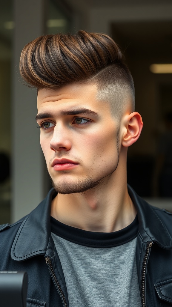 A young man with a pompadour hairstyle and fade, showcasing a stylish look.