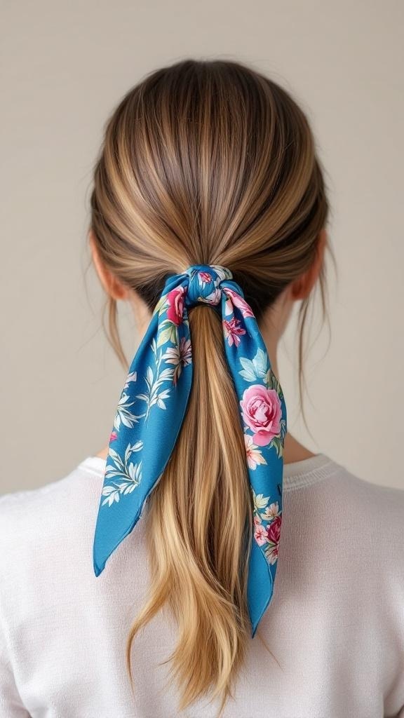 A ponytail hairstyle with a decorative blue floral scarf tied at the base.