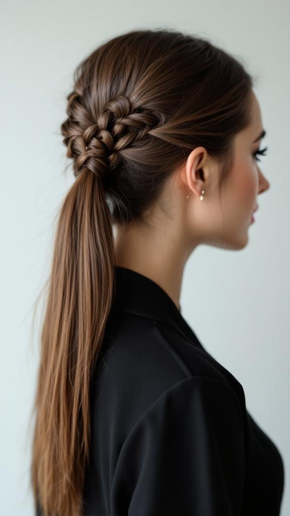 A woman with a sleek braid detail incorporated into a ponytail hairstyle.