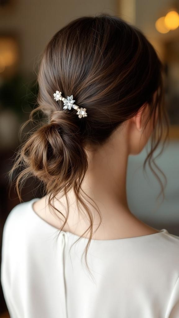 A woman with a loose ponytail adorned with decorative hairpins, showcasing a stylish and elegant hairstyle.