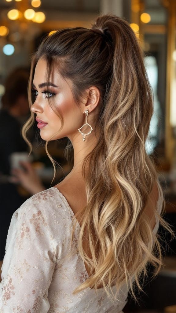 A woman with a high ponytail featuring volume and textured waves, wearing elegant earrings.