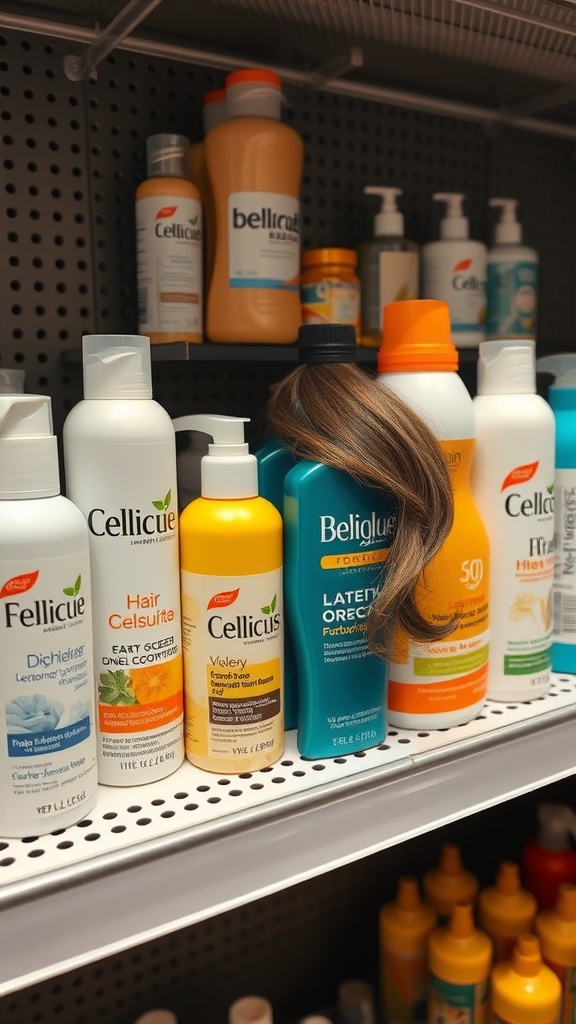 A shelf filled with various hair care products, including shampoos, conditioners, and styling products.
