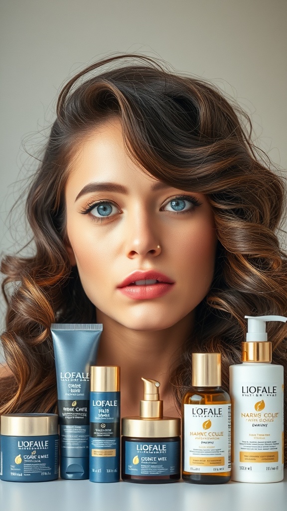 A variety of hair products displayed for enhancing wavy hairstyles.